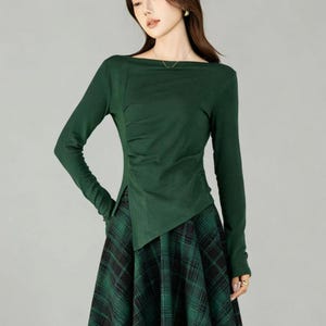Green Knit Top: Long Sleeve Slim Fit Cotton Top, Custom, Xiaolizi 6504