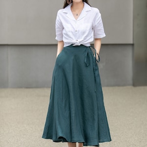 Green Swing Linen Skirt, Wrap linen skirt, Linen Midi Skirt, Linen Skirt with Pockets, A Line Skirt, Spring Custom Skirt, Xiaolizi 4269 image 2