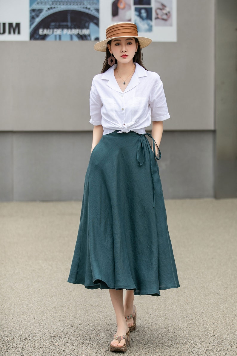 Green Swing Linen Skirt, Wrap linen skirt, Linen Midi Skirt, Linen Skirt with Pockets, A Line Skirt, Spring Custom Skirt, Xiaolizi 4269 image 2