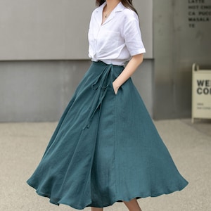 Green Swing Linen Skirt, Wrap linen skirt, Linen Midi Skirt, Linen Skirt with Pockets, A Line Skirt, Spring Custom Skirt, Xiaolizi 4269 image 5