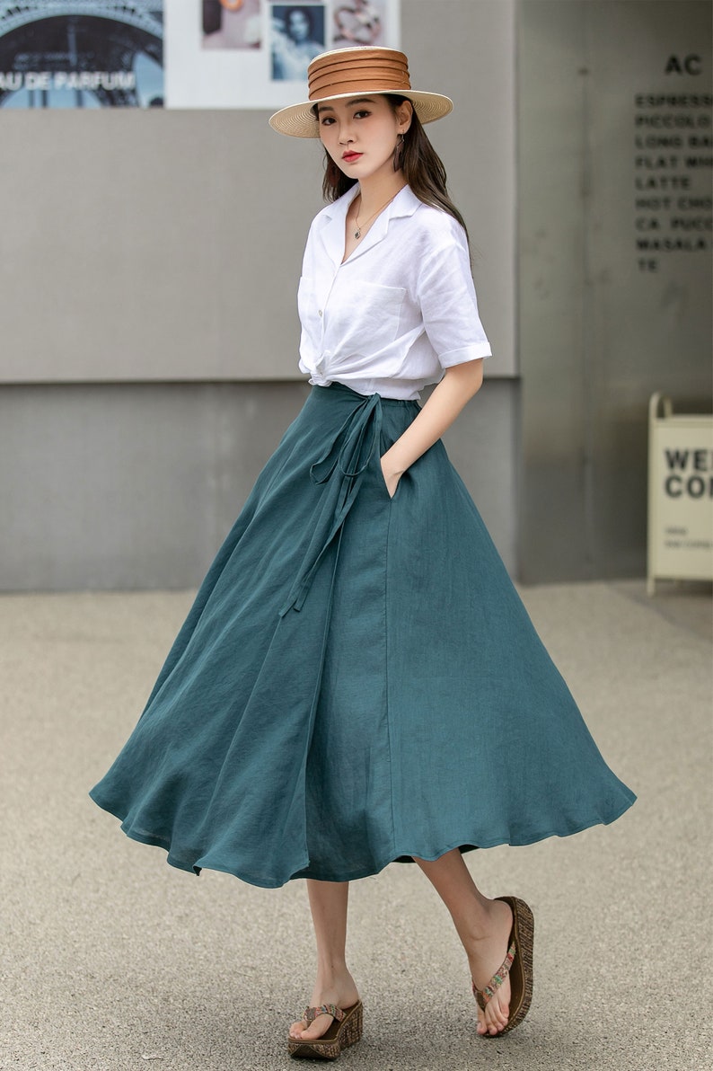 Green Swing Linen Skirt, Wrap linen skirt, Linen Midi Skirt, Linen Skirt with Pockets, A Line Skirt, Spring Custom Skirt, Xiaolizi 4269 image 5