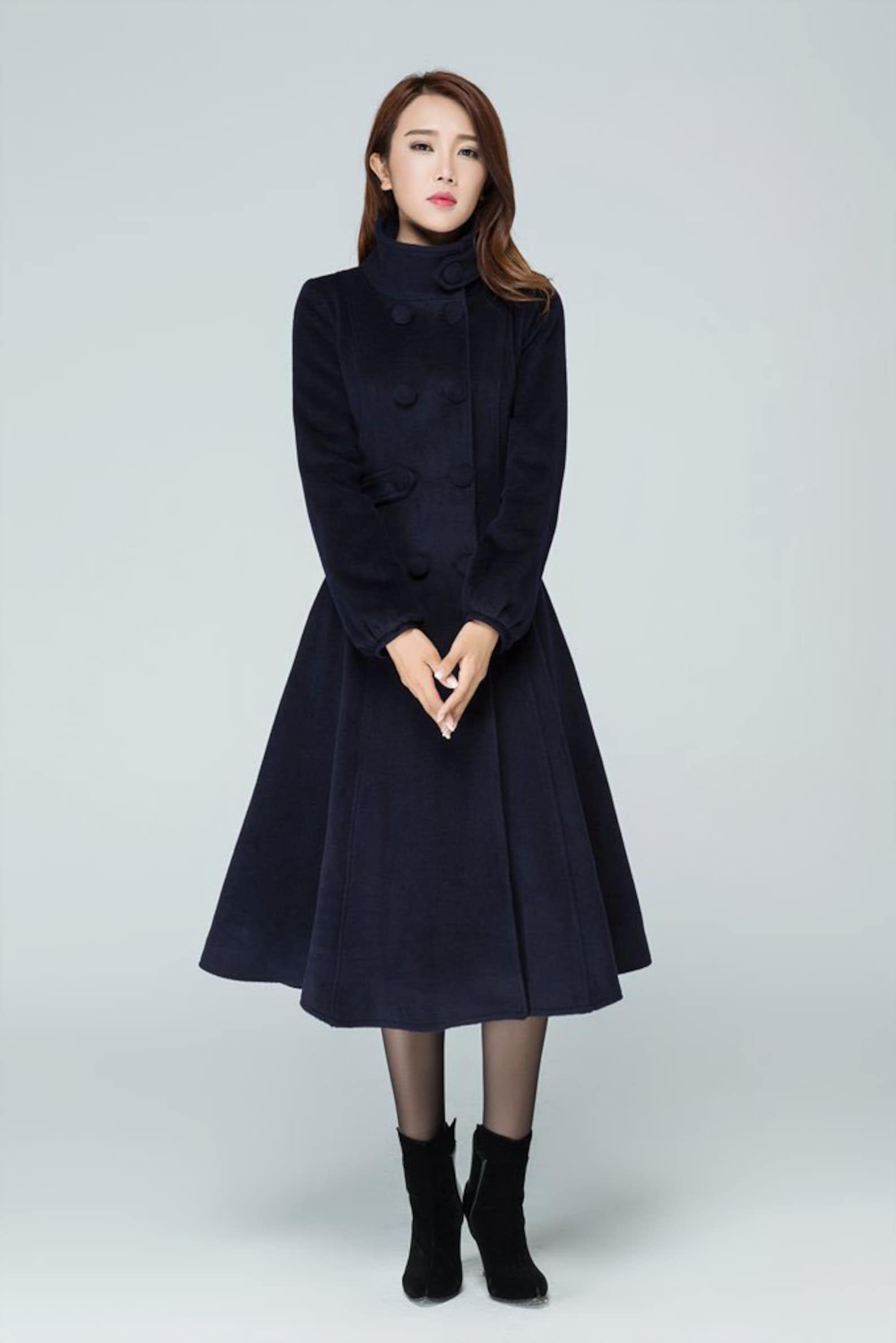 Navy Blue Coat Wool Coat Warm Winter Coat Midi Coat Womens - Etsy