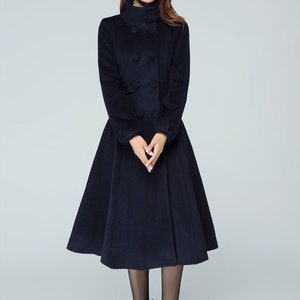 Navy blue coat, wool coat, warm winter coat, midi coat, womens coat, Fitted coat, double breasted coat, high collar, handmade coat 1600 image 3