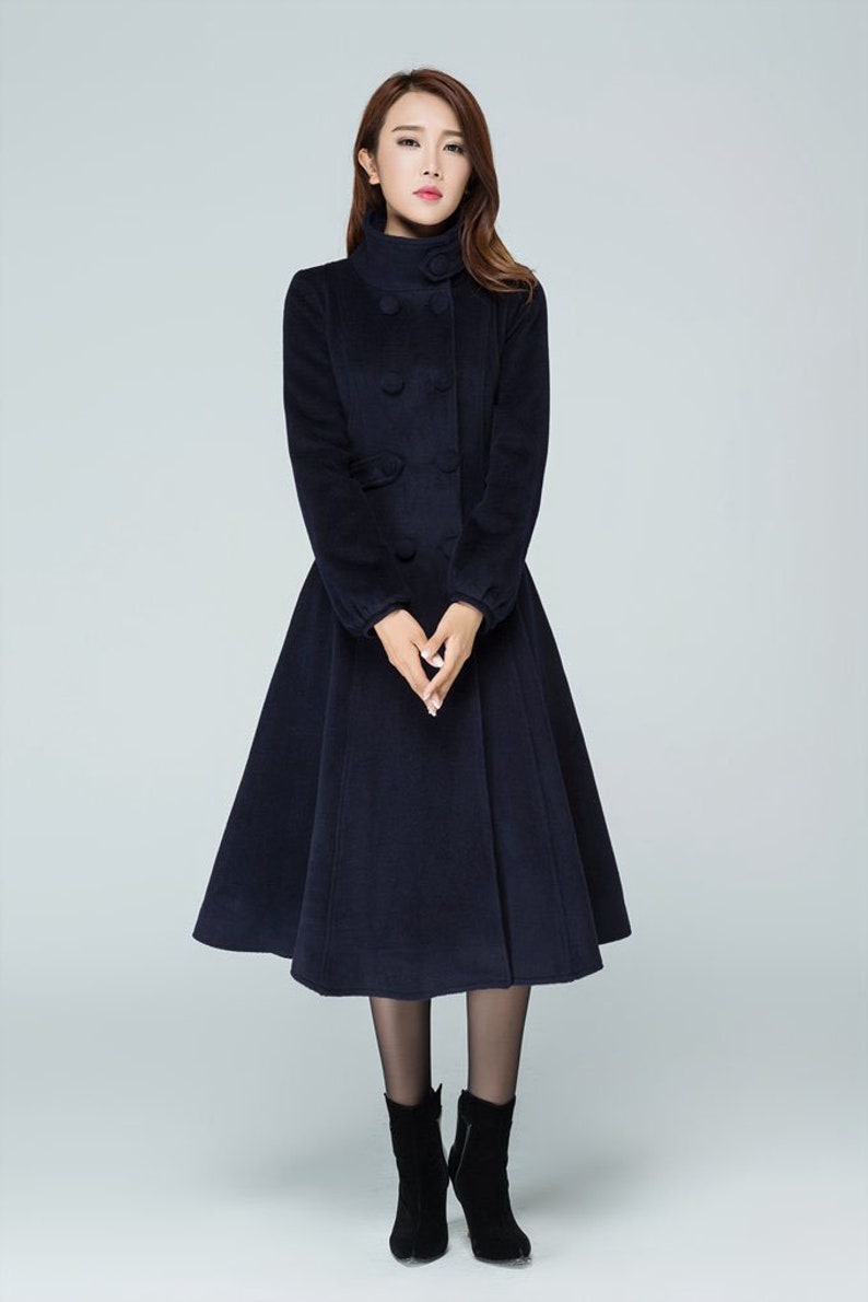 Navy blue coat, wool coat, warm winter coat, midi coat, womens coat, Fitted coat, double breasted coat, high collar, handmade coat 1600 image 3