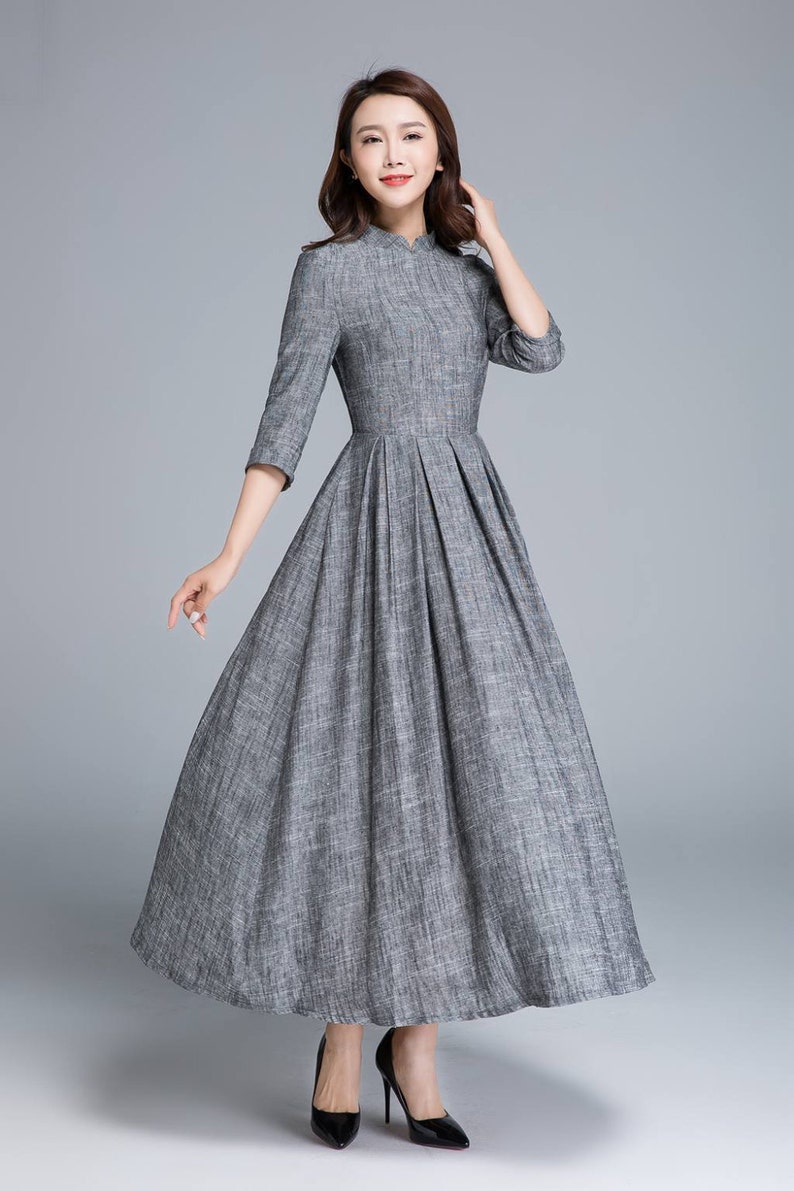 Comfy dress dark gray dress linen dress fitted dress | Etsy