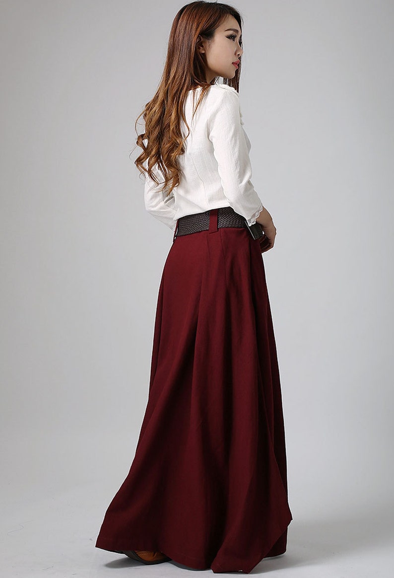 Burgundy skirt, linen skirt, maxi linen skirt, Asymmetrical skirt, women linen skirt, linen skirt pockets, women linen clothing 0910 image 6