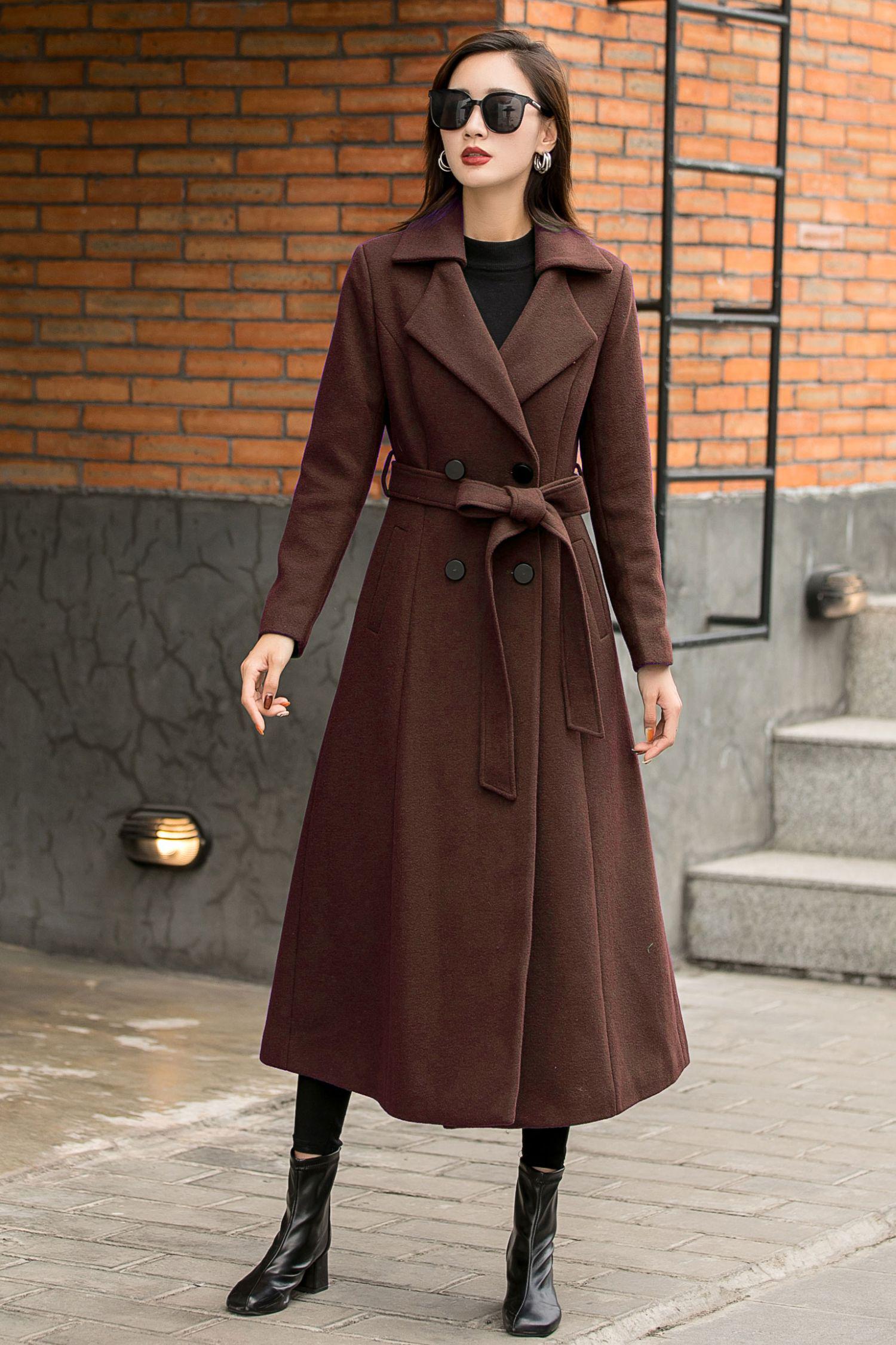 Brown Wool Blend Trench Coat, Long Double Breasted Belted Winter