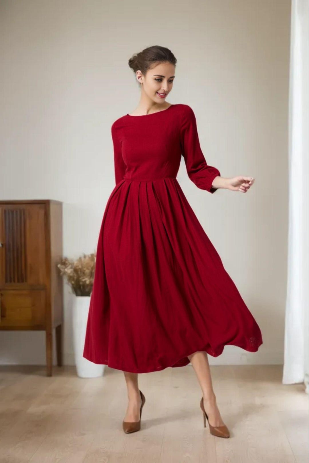 Linen Autumn Maxi Flare Dress | Xs Fit and Women 1996 Handmade by Xiaolizi