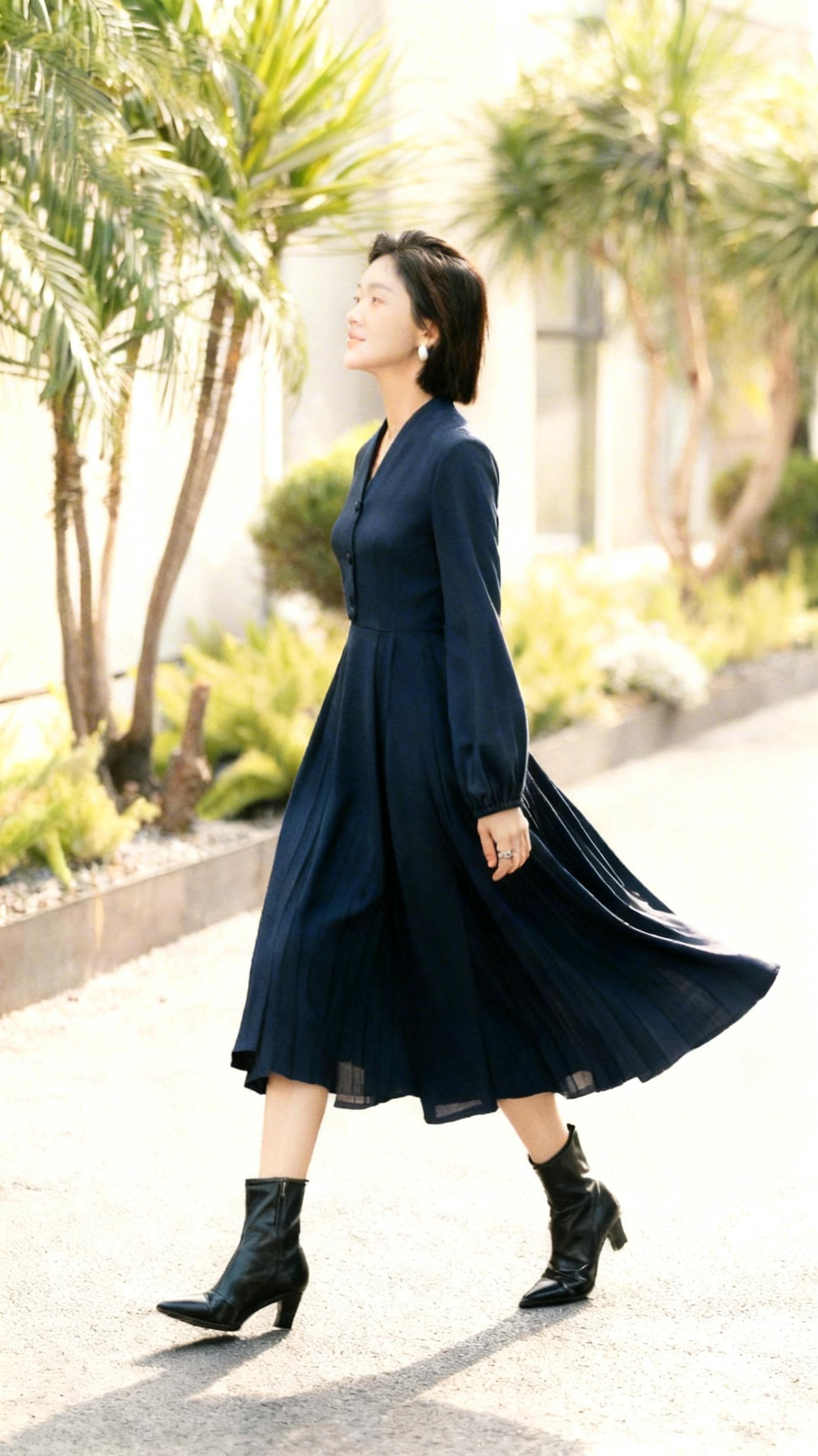 Navy Blue Long Sleeve Midi Shirt Swing Dress, Custom, Xiaolizi
