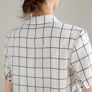 White and Black Plaid Linen Shirt, Womens Linen shirt, Short Sleeve Casual Linen Blouse, Organic Linen blouse, Handmade Shirt, Xiaolizi 4206 image 10