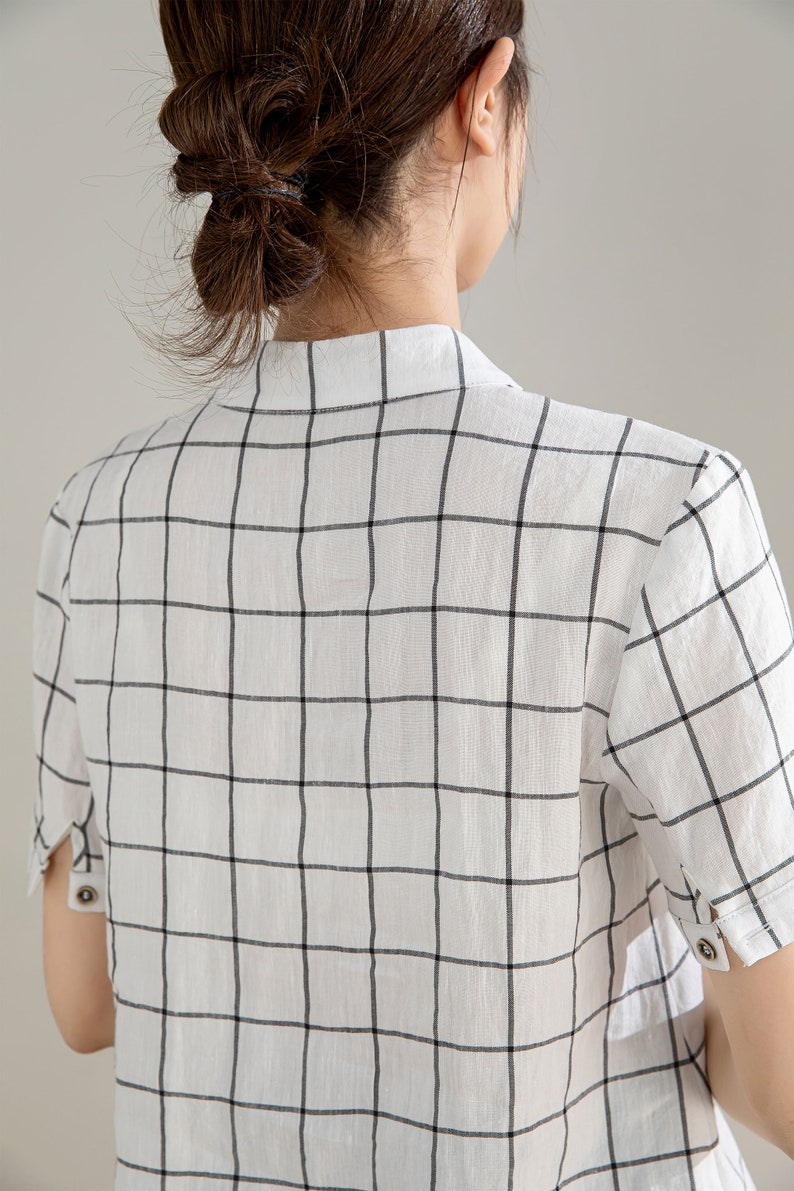 White and Black Plaid Linen Shirt, Womens Linen shirt, Short Sleeve Casual Linen Blouse, Organic Linen blouse, Handmade Shirt, Xiaolizi 4206 image 10