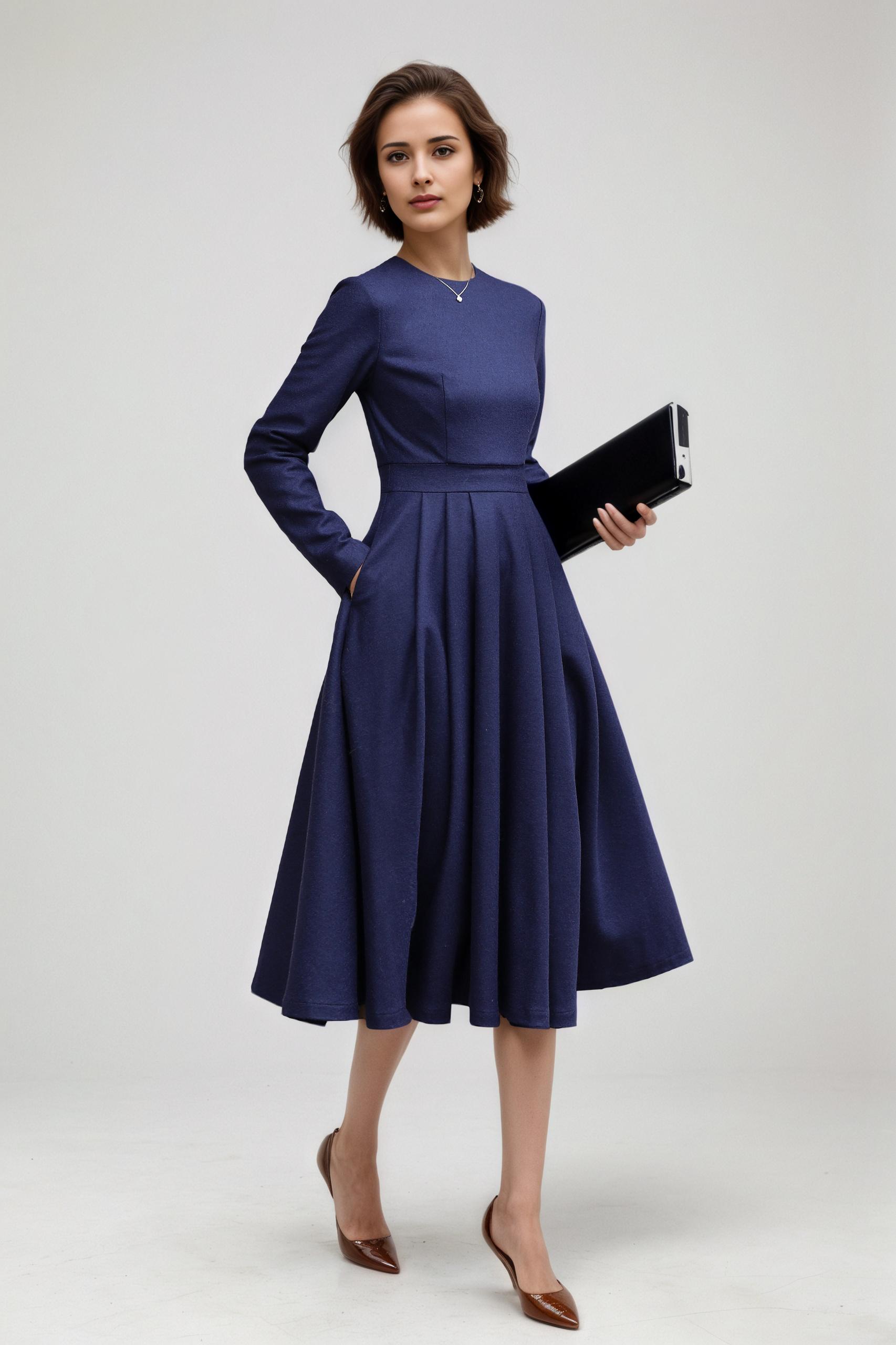 Handmade Navy Wool Midi Dress – 1950s Fit and Flare, Long Sleeves