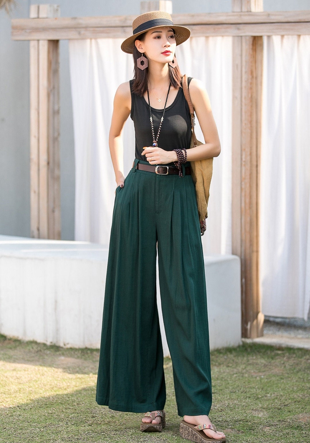 Linen Pants, Palazzo Pants, Wide Leg Pants, Green Linen