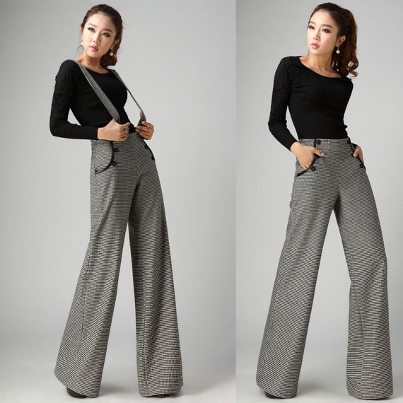 Gray Plaid Suspender Wool Pants Women, Autumn Winter Gray Plaid Suspender Wool Pants Women, Autumn Winter
