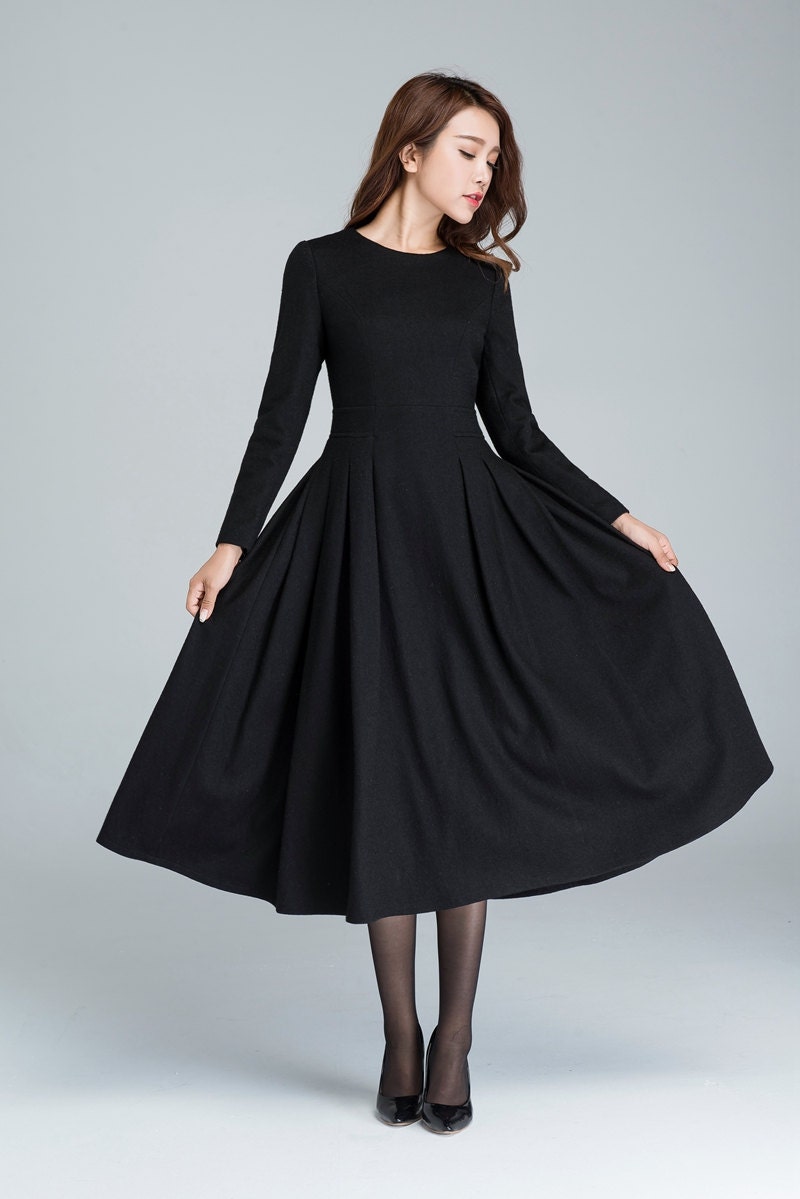Long Black Dress, Wool Dress, Winter Dress, Long Women Dresses