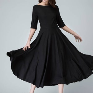 Black linen dress, womens dresses, black dress women, long black dress, Fit and flare dress, boat neck dress, evening gown sleeves 1458 image 2