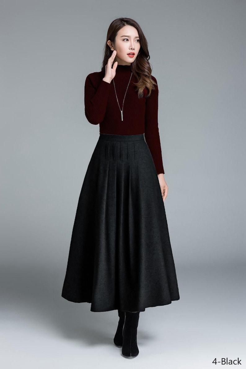 light grey skirt, wool skirt, winter skirt, pleated skirt, maxi skirt, winter wool skirt, long skirt, skirt for women, handmade skirt 1643# 4-Black