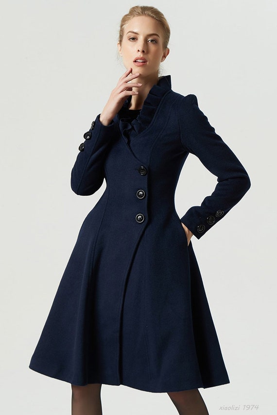 Navy Blue Coat, Asymmetrical Coat, Wool Coat, Ruffle Coat, Knee Length Coat,  Buttoned Coat, Fitted Coat, Midi Coat, Long Sleeves Coat 1974 