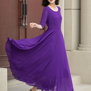 Women's Chiffon Dress, A Line Summer Chiffon Dress, Purple Boho Dress, Big Swing Dress, Circle Chiffon Dress, Ankle Length Dress 5116 image 4