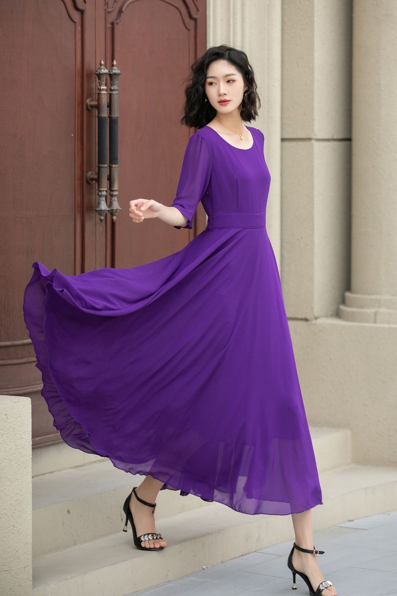 Women's Chiffon Dress, A Line Summer Chiffon Dress, Purple Boho Dress, Big Swing Dress, Circle Chiffon Dress, Ankle Length Dress 5116 image 4