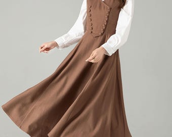 Handmade Camel Wool Pinafore Dress - Sleeveless A-line Midi