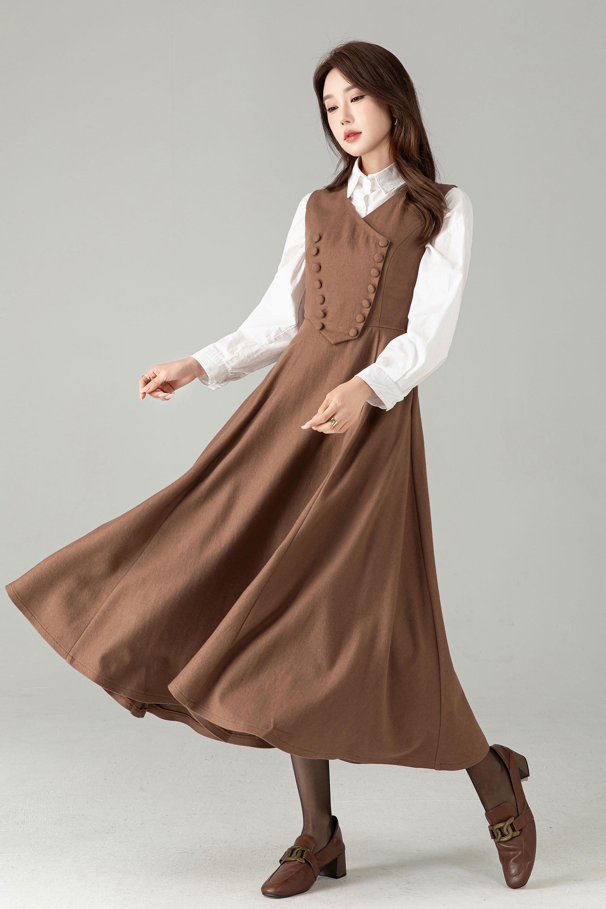 Handmade Camel Wool Pinafore Dress - Sleeveless A-line Midi