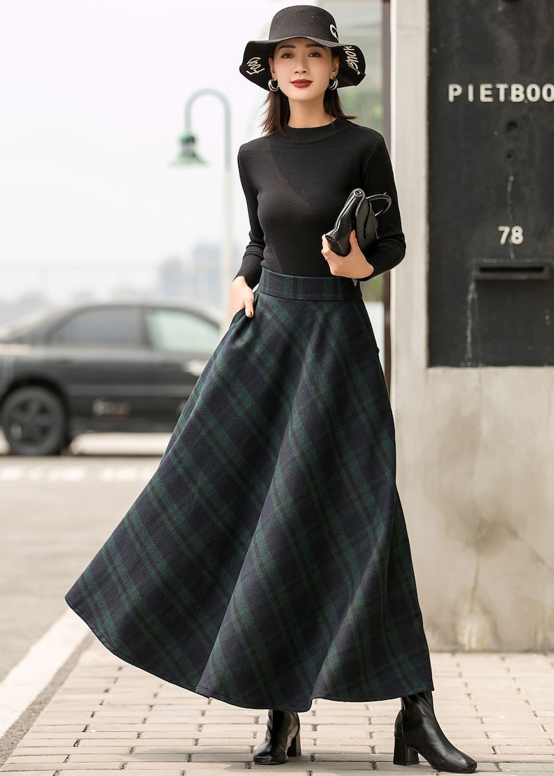 Vintage Inspired Long Wool Plaid Skirt, 1950s Winter Maxi Wool Skirt Women, Green A Line Skirt, Plus Size Skirt with Pockets Xiaolizi