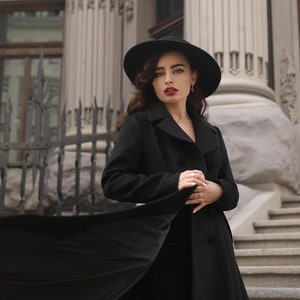 Vintage inspired Long wool coat, Winter coat women, Wool coat women, fit and flare coat, Double breasted Wedding wool coat, Xiaolizi 2412 Black-2743