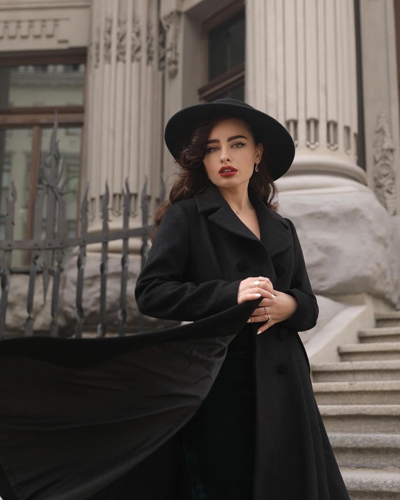 Vintage inspired Long wool coat, Winter coat women, Wool coat women, fit and flare coat, Double breasted Wedding wool coat, Xiaolizi 2412 Black-2743