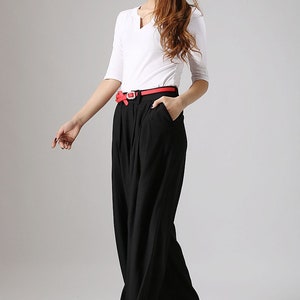 Black linen pants outfit summer casual street styles, Women's Wide leg linen pants with pockets, Long linen palazzo pants 0873 image 7