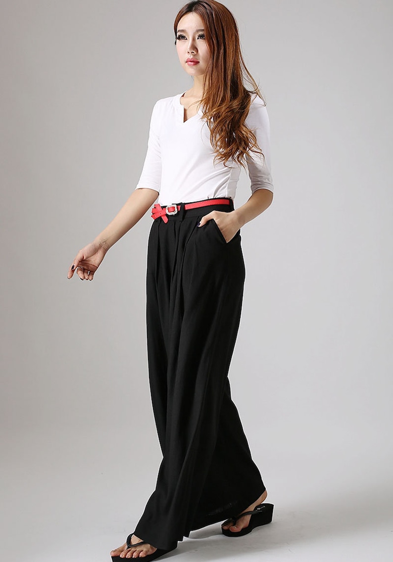 Black linen pants outfit summer casual street styles, Women's Wide leg linen pants with pockets, Long linen palazzo pants 0873 image 7