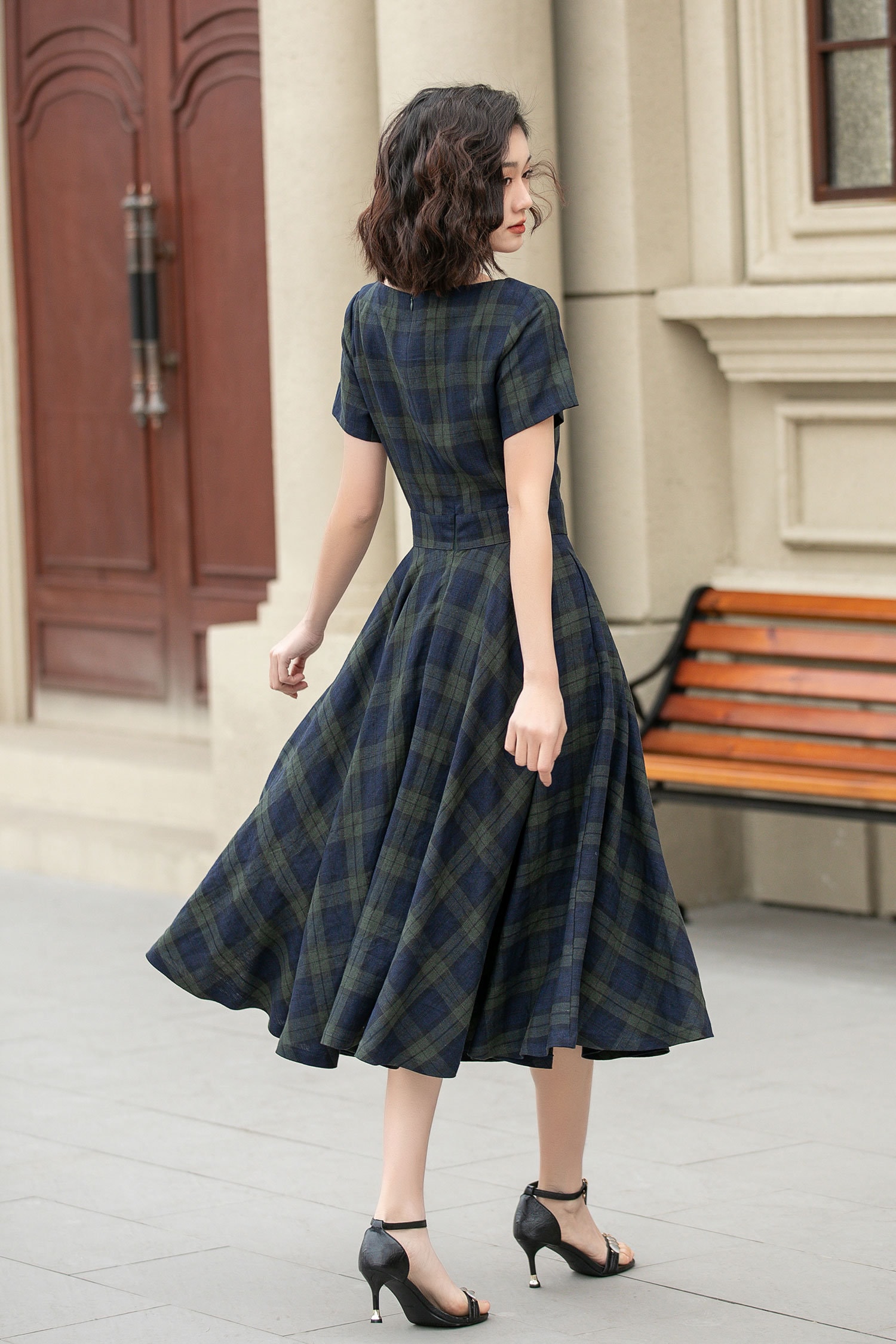 Linen Dress, Plaid Midi Dress Women, Fit and Flare Dress, Swing