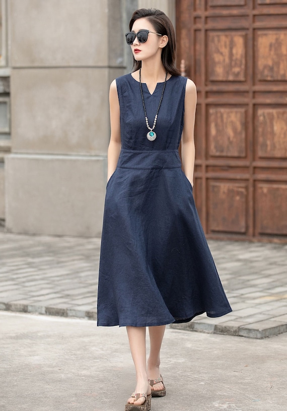 Casual sleeveless Navy linen midi dress 2593 Casual sleeveless Navy linen midi dress 2593