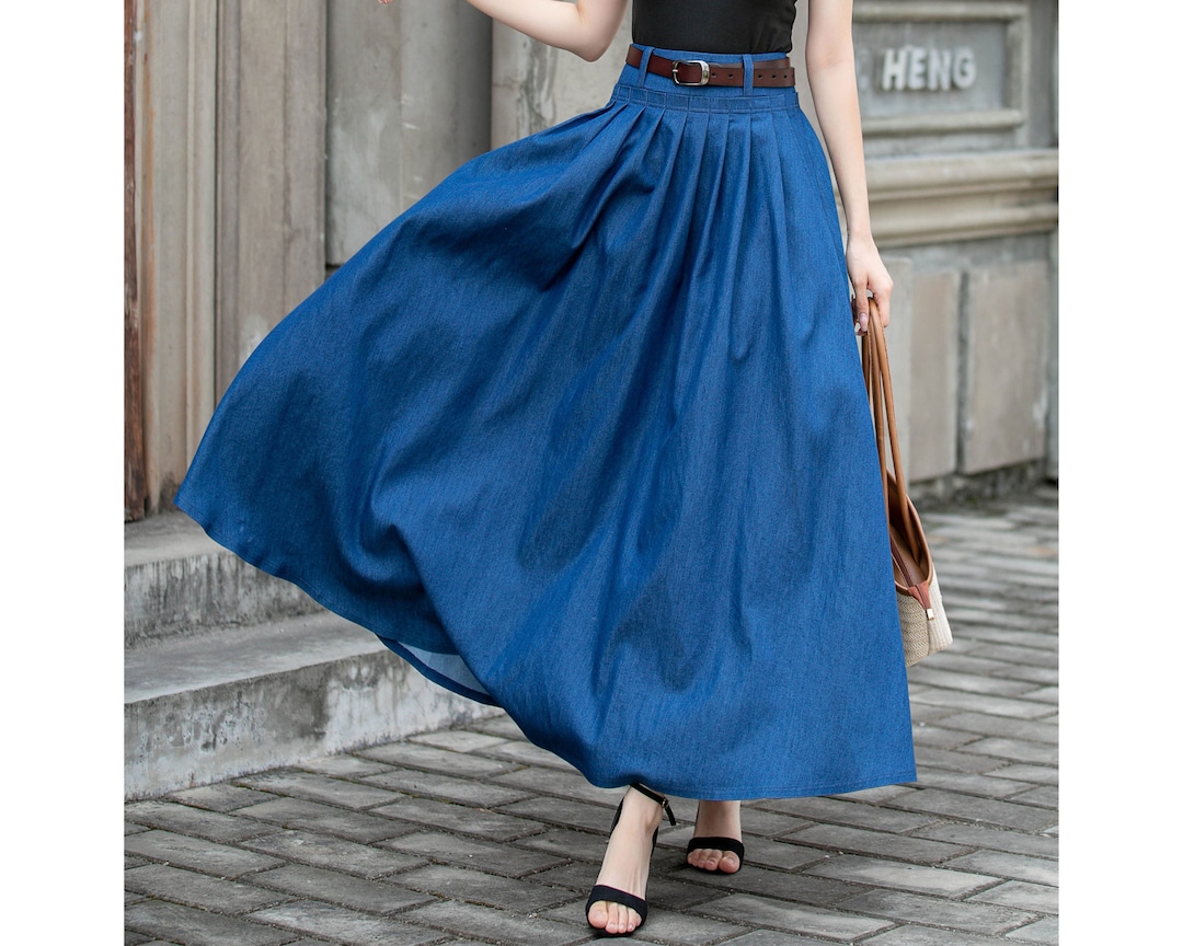 [CITYBREEZE]25SS●DENIM PLEATED BELT LONG SKIRT Swing Long Denim Maxi Skirt for Women, Blue Walking Skirt