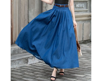 Swing Long Denim Maxi Skirt for Women, Blue Walking Skirt, High Waist Swing Pleated Skirt with Pocket, Womens Skirt, Full Skirt 4286