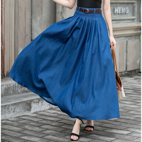 Swing Langer Denim Maxi Rock für Frauen, Blauer Gehrock, Hohe Taille Swing Faltenrock mit Tasche, Damenrock, Tellerrock 4286