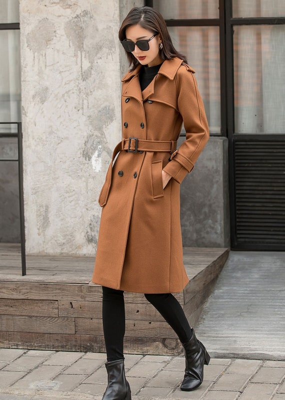 Double-breasted Camel Wool Coat, Wool Military Coat Women, Winter