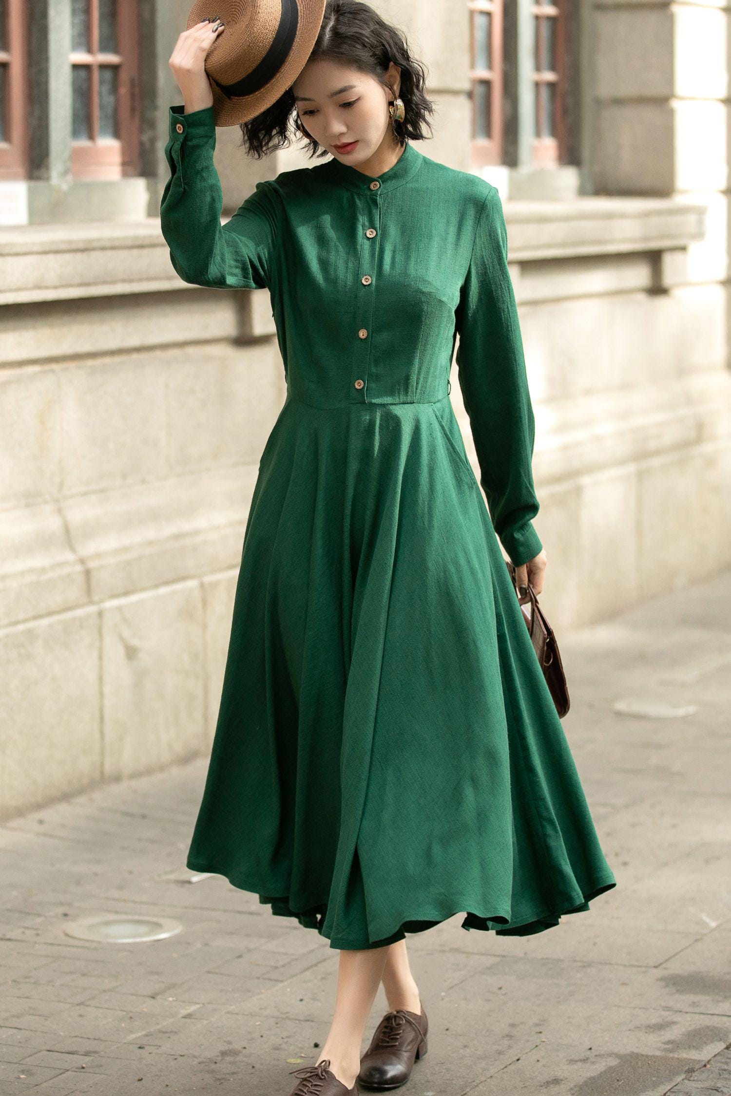 green button up dress Womens Linen Midi Dress, Long Sleeve Swing Linen Dress, Fit and Flare Linen Dress, Handmade Casual Dress, Xiaolizi 5676 University
