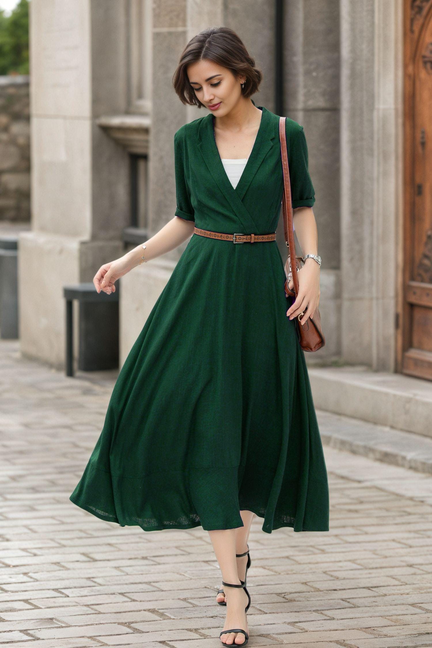 Green Linen Wrap Midi Dress - V-Neck A-Line Half Sleeve Elegance 6059 Green / XS