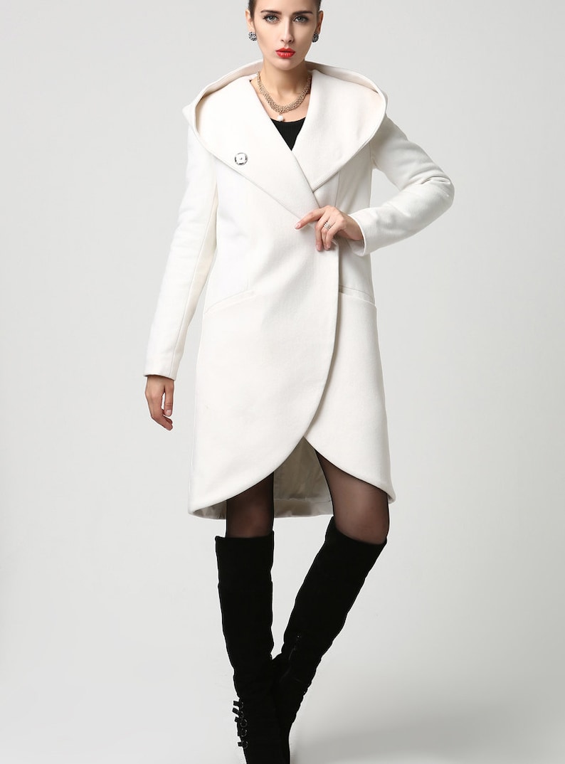 Wrap coat, wool coat, white coat, hooded coat, winter coat, short coat, womens coats, casual coat, mod clothing, custom made 1119 image 2