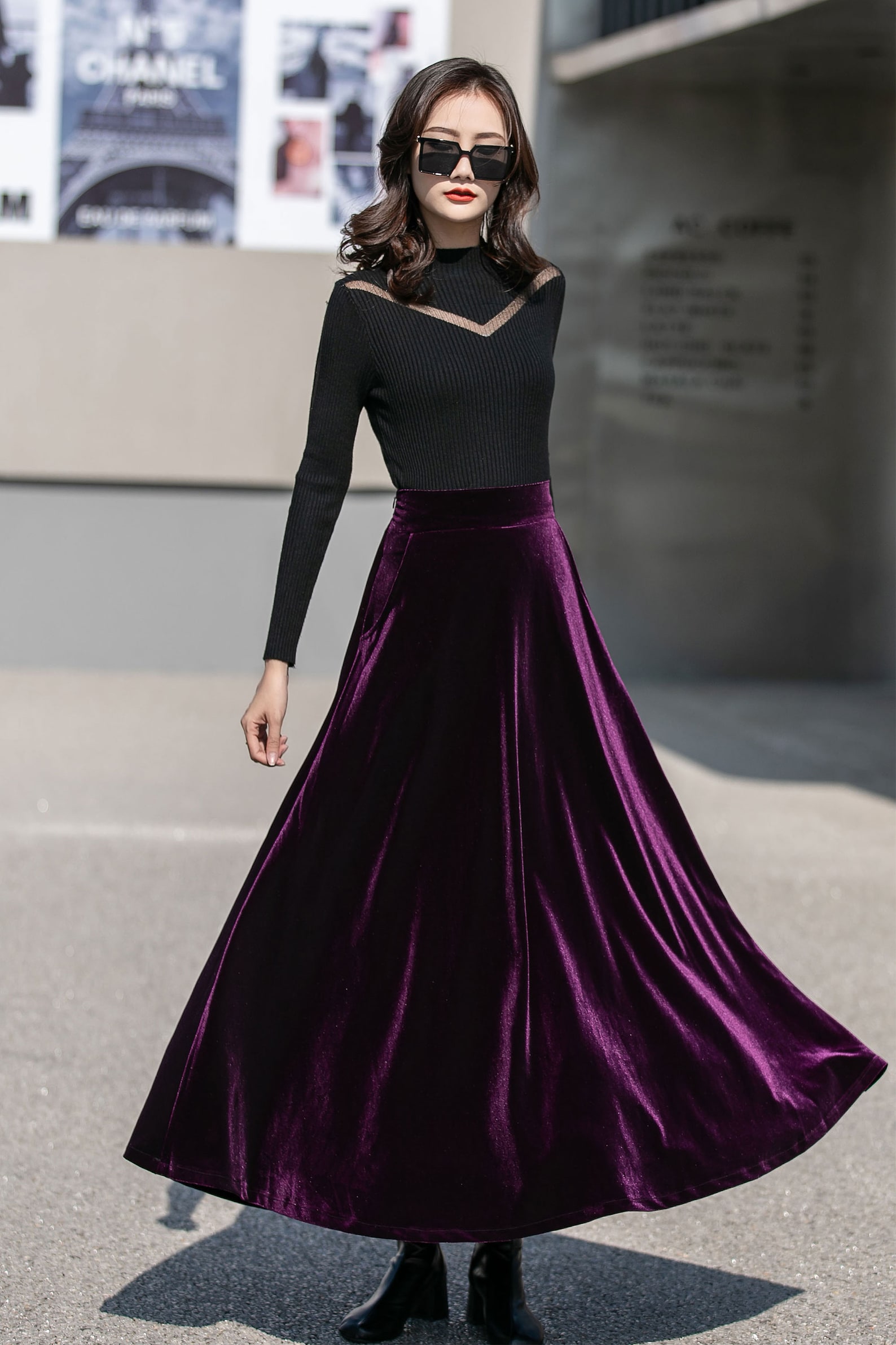 Purple Long Velvet Skirt Swing Velvet Skirt High Waisted - Etsy