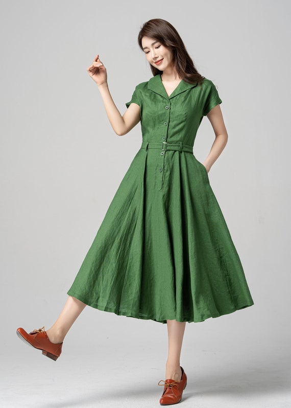 Linen Dress, Swing Shirt Dress, 1950s Green Midi Dress Women, Fit