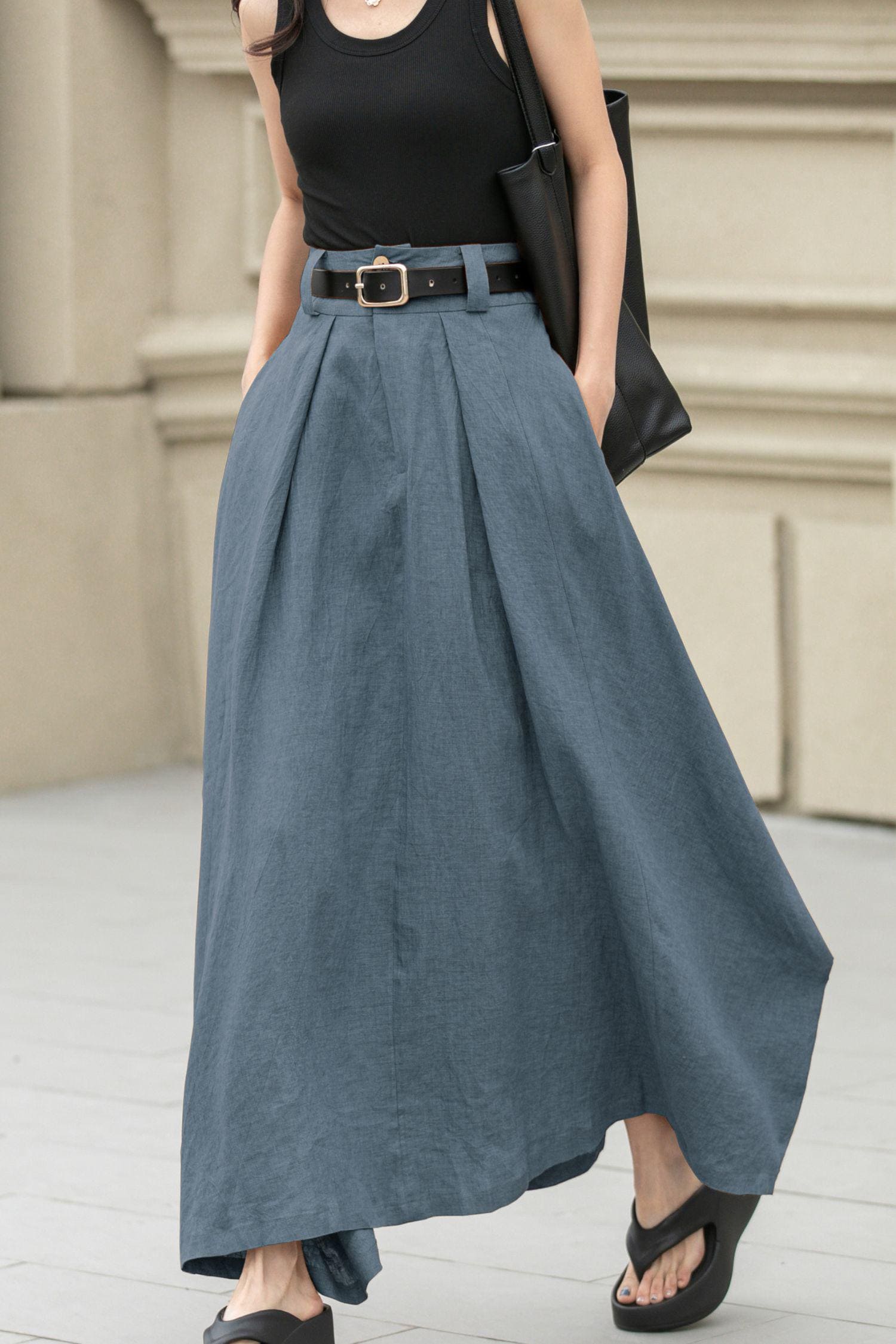 Army Green Linen Maxi Skirt, Asymmetrical Patchwork, Custom Made