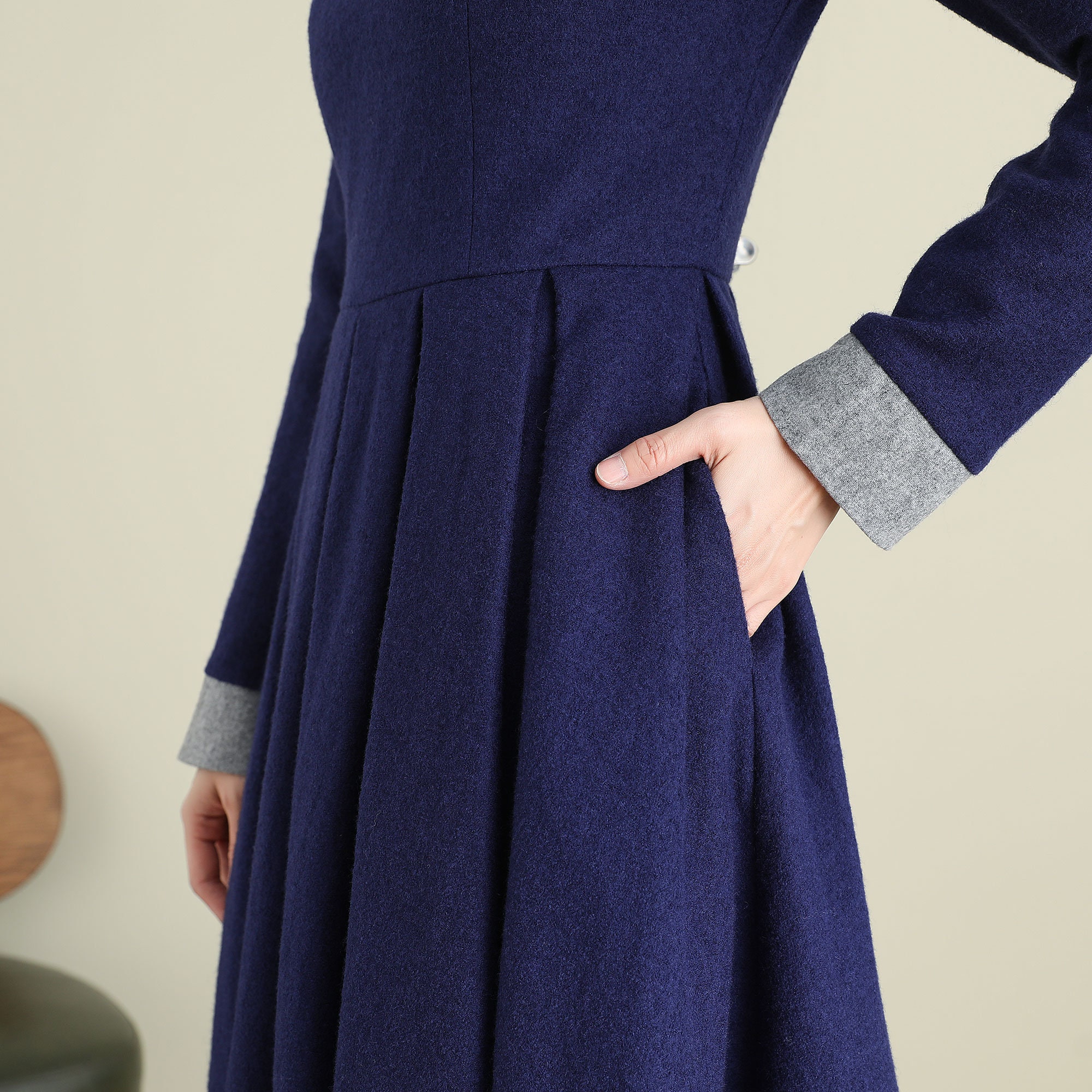 Wool Autumn Midi Dress | Xs Navy Blue Women Long A-Line 3892 Handmade by Xiaolizi