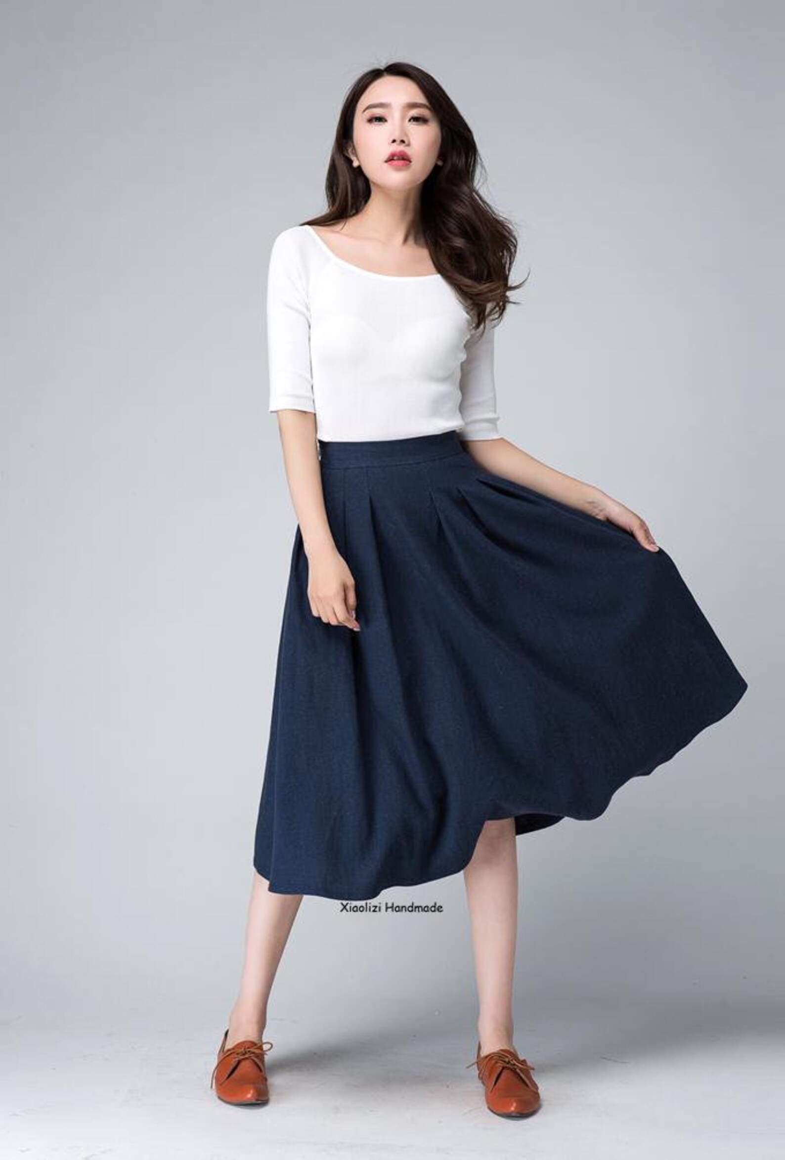 High Waist A Line Pleated Midi Skirt, Women's Navy