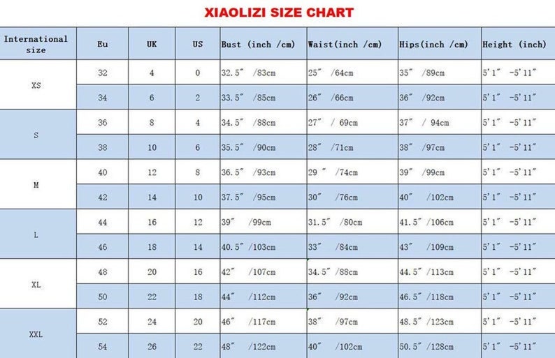 May include: Size chart for women's clothing with international, EU, UK, and US sizes. The chart lists bust, waist, hips, and height measurements in inches and centimeters.