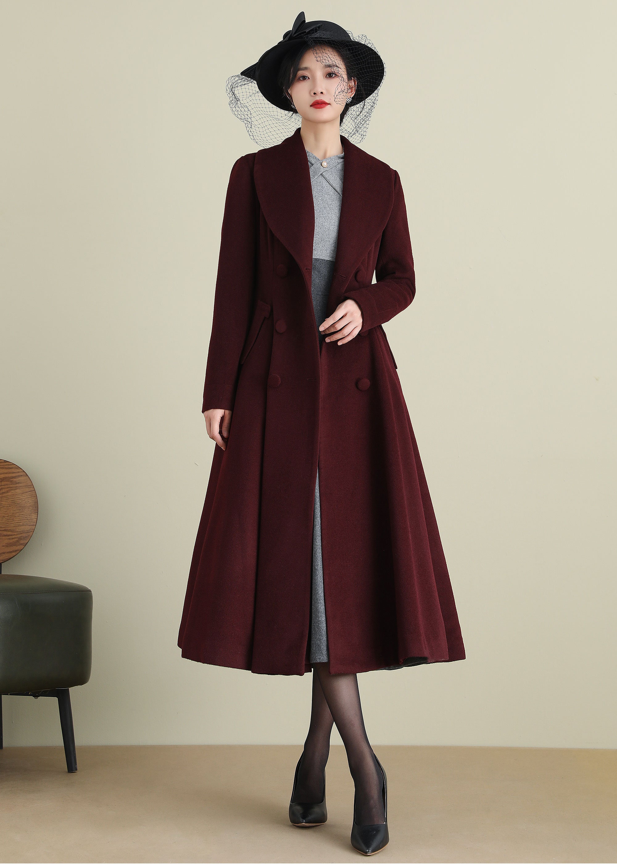 Wine Red Wool Coat, Wool Princess Coat, Winter Coat Women, A