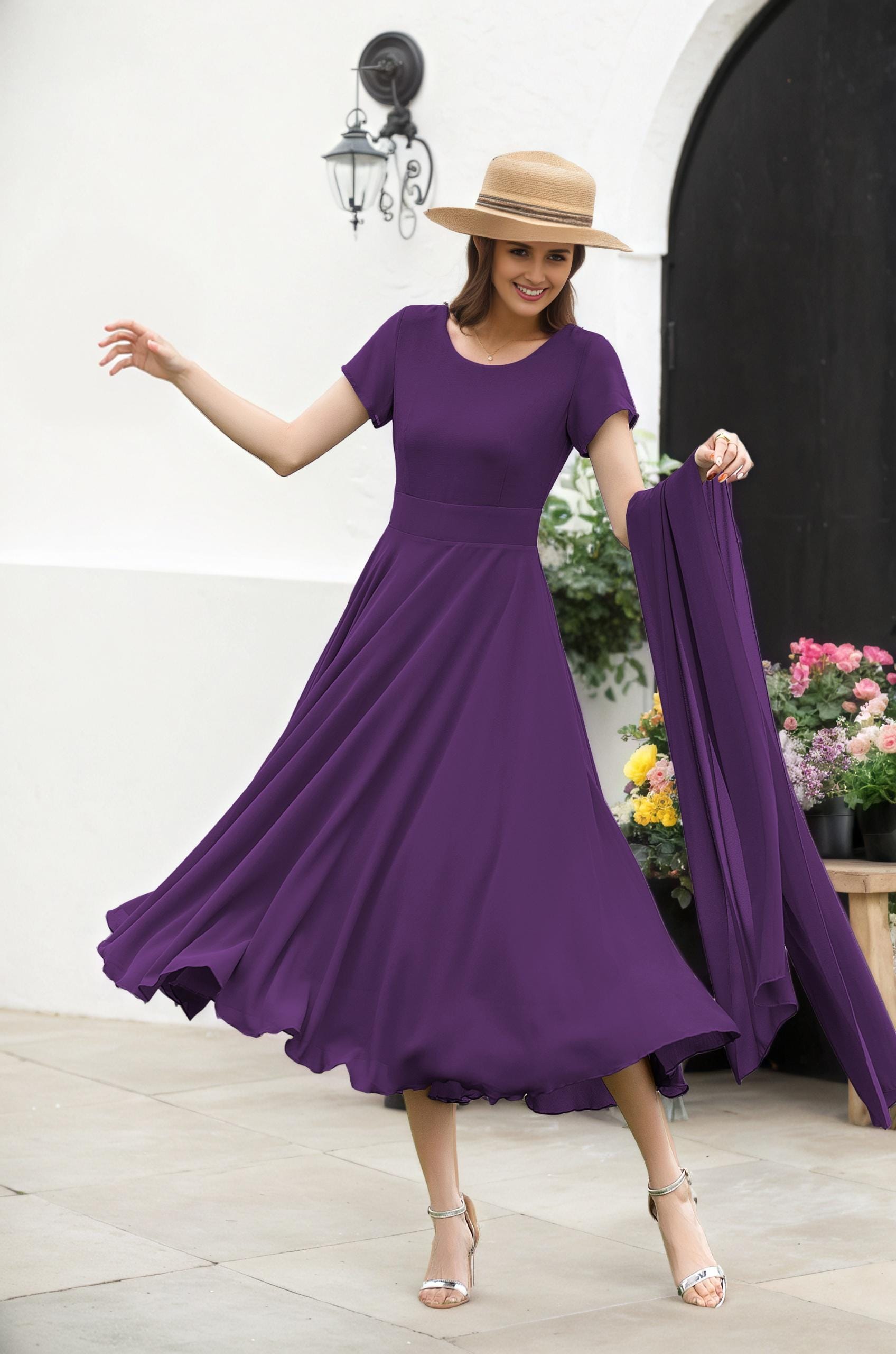 Qixing Women's Summer Loose Chiffon Dress – Knee Length Flowy Elegant Dress With Lining, Sleeveless