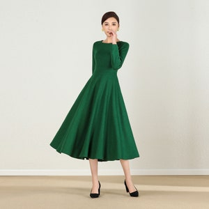 Green Wool Dress, Fit&Flare Wool Dress, Swing Dress, Spring/Winter/Fall Dress, Long Sleeve Crew Neckline Pleated Dress, Vintage Dress 2436