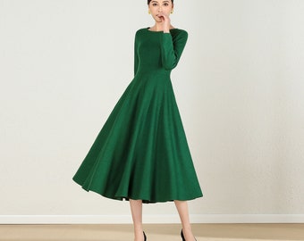 Green Wool Dress, Fit&Flare Wool Dress, Swing Dress, Spring/Winter/Fall Dress, Long Sleeve Crew Neckline Pleated Dress, Vintage Dress 2436